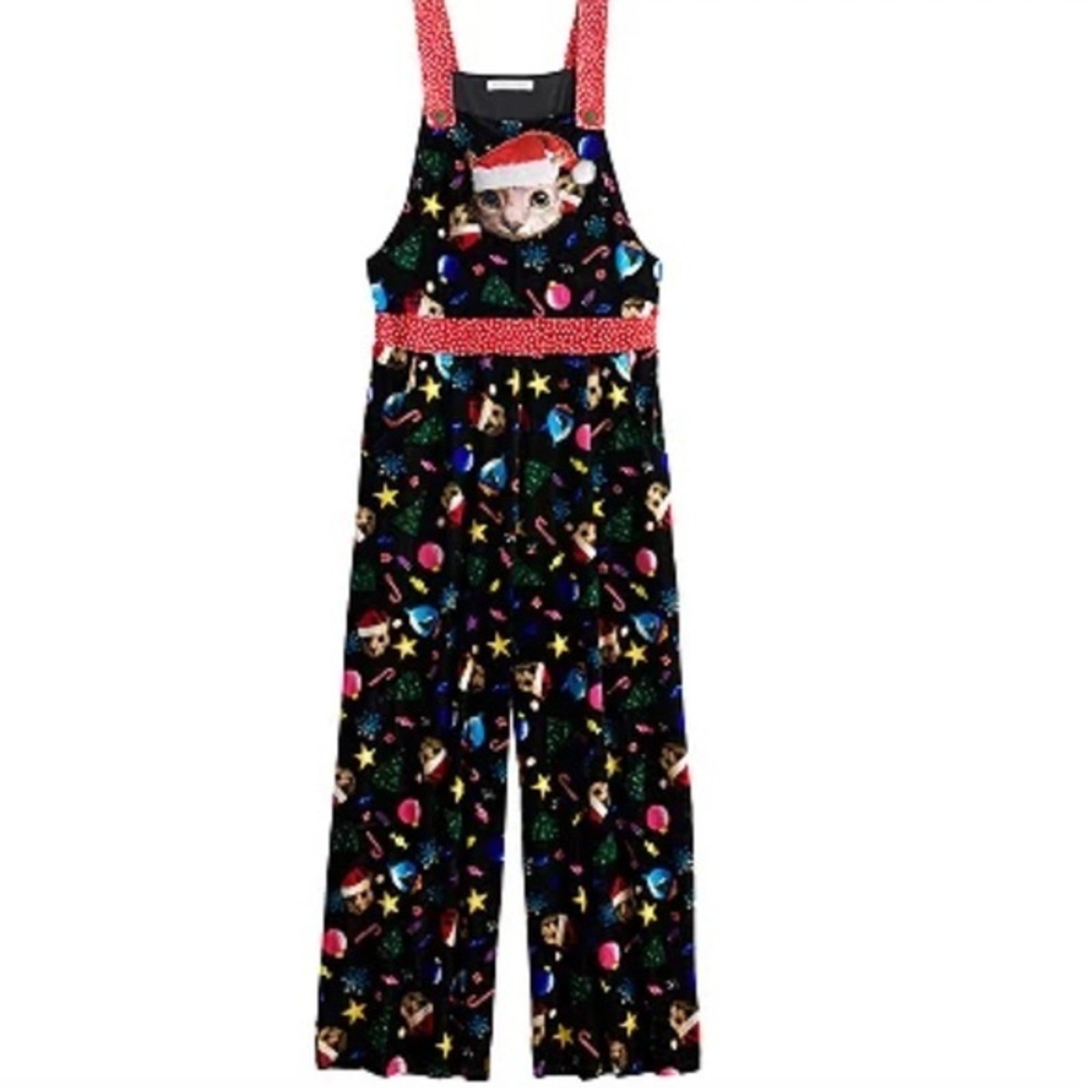Love on a hanger Black Christmas Velvet Cat Jumpsuit overalls w/cat face Size XS